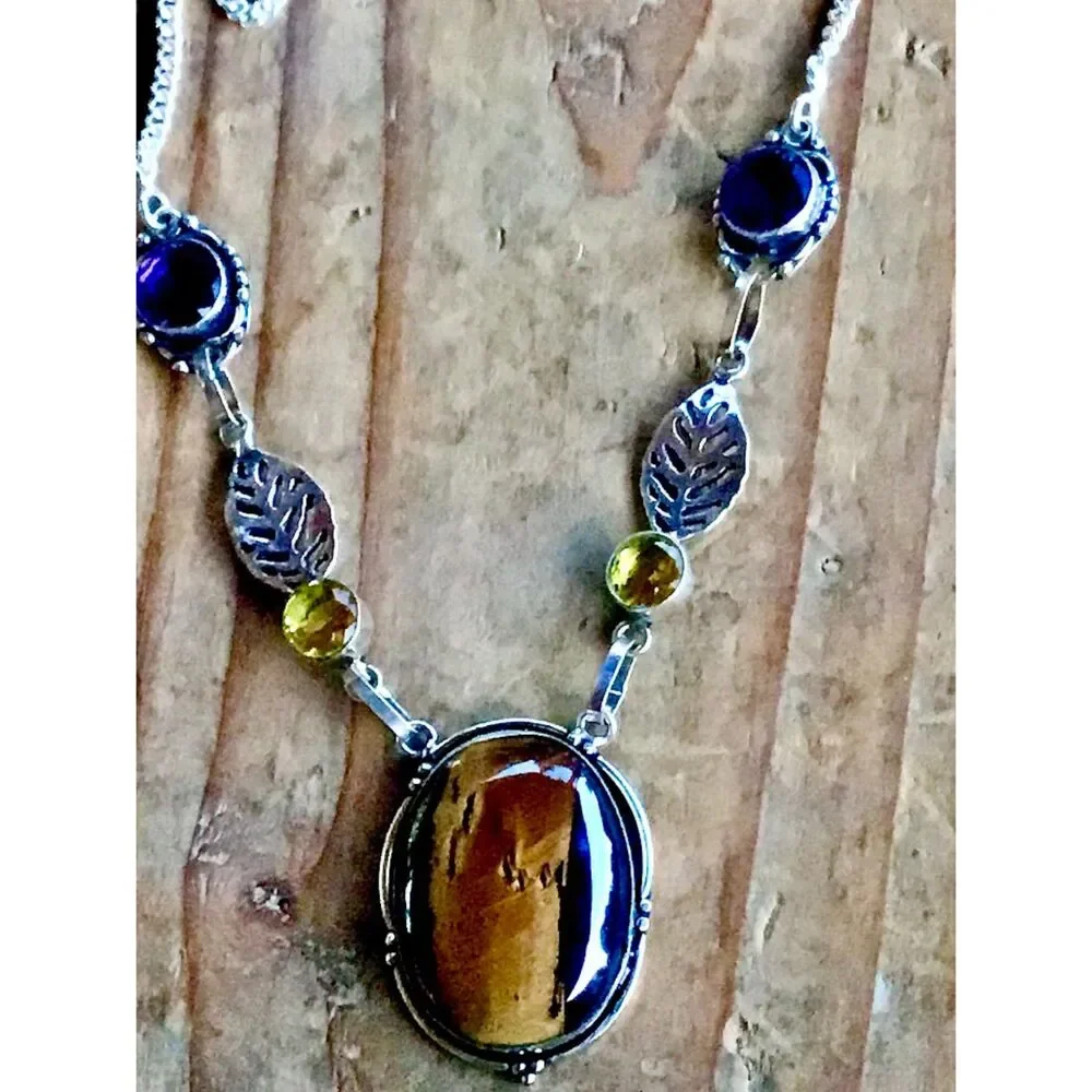 Boho Tigers Eye, Amethyst and Citrine Gorgeous, Unique Necklace